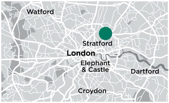 Map of London pinpointing location of Stratford