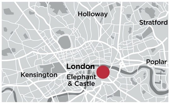 Map of London pinpointing location of Elephant and Castle