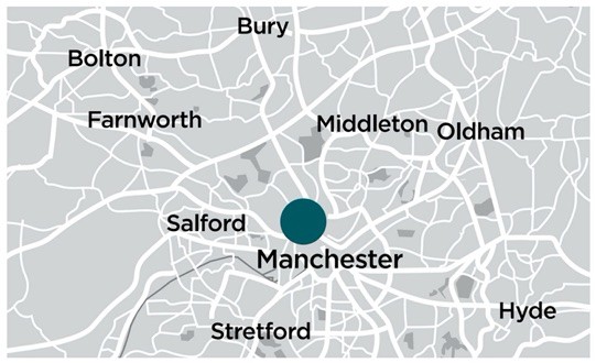Map of Greater Manchester highlighting Manchester city centre