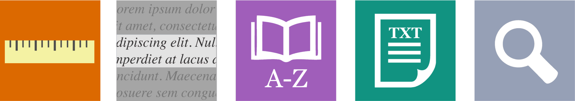 Reading aid toolbar features displayed as a ruler, a highlighted piece of text, a dictonary, a text file and a search icon