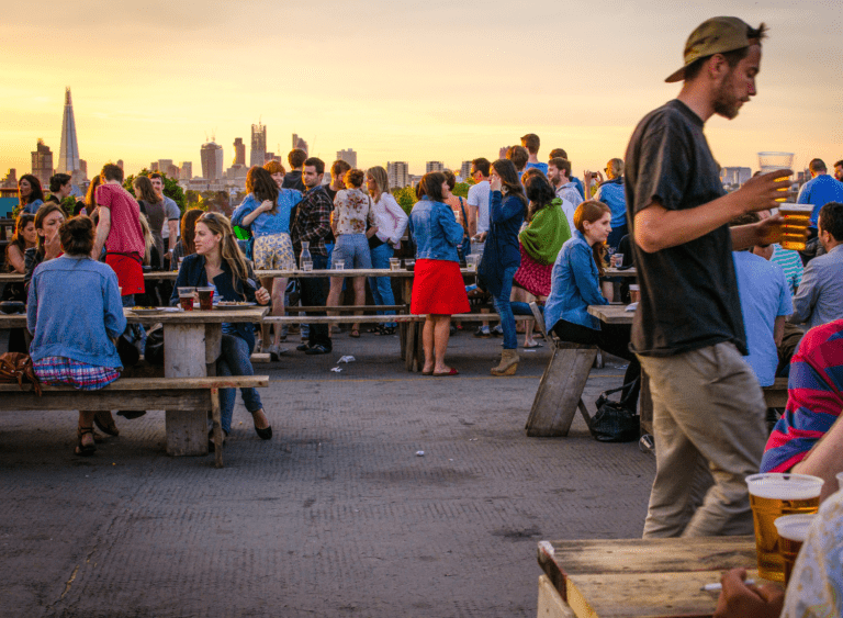 People socialising at rooftop bar with London skyline in the background
