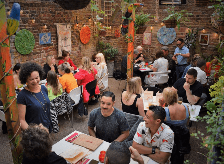 Restaurant courtyard filled with diners