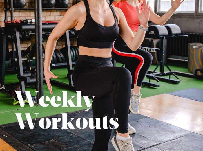Two people doing a fitness class at a gym with text 'Weekly Workouts' overlayed