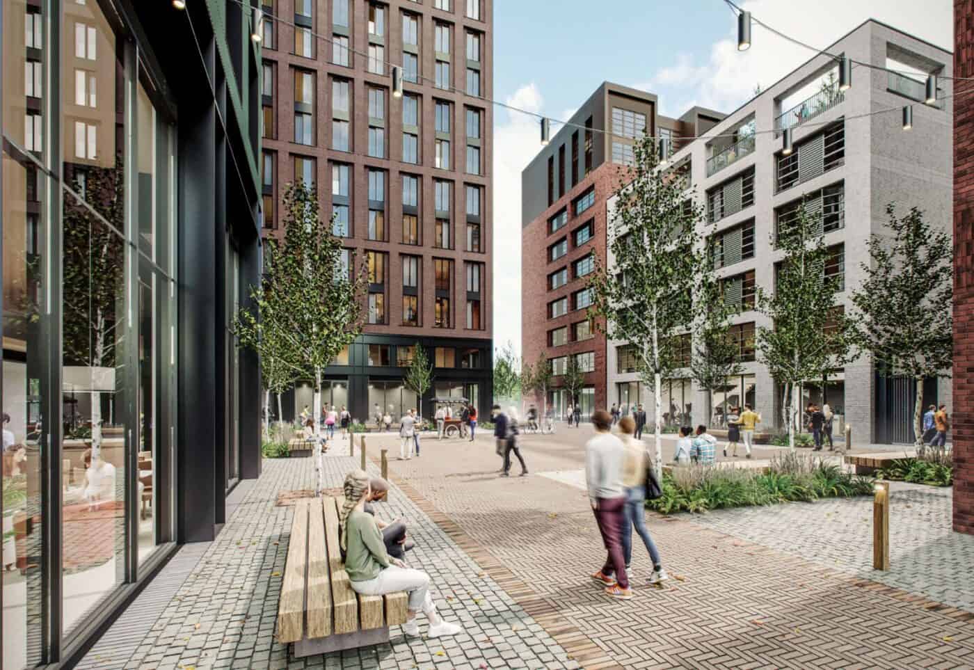 CGI of planned Birmingham apartment blocks, showing people wandering around the area
