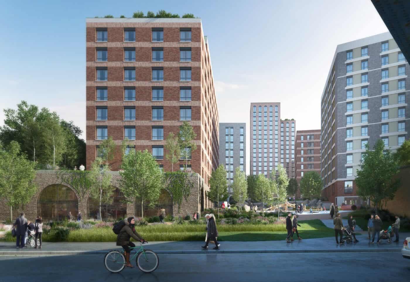 CGI of planned Glasgow apartment blocks with trees and greenery below