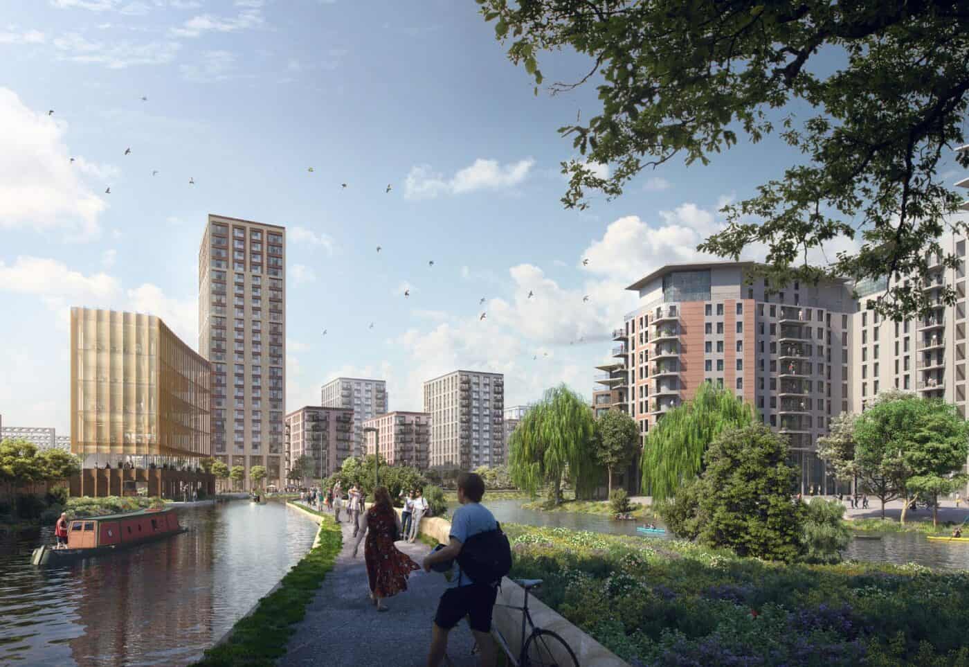 CGI of Leeds canalside showing people walking and riding their bikes with apartment blocks in the background