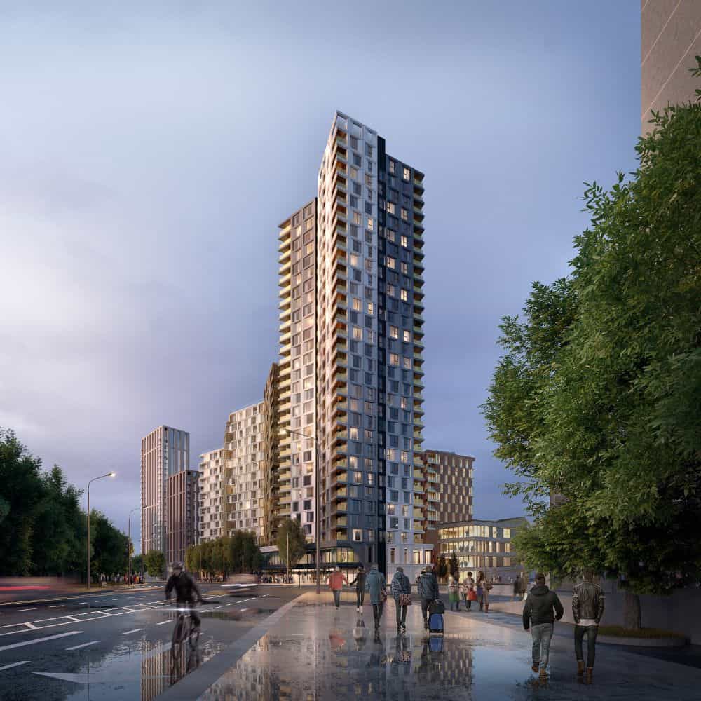 CGI street view of the Lewisham apartment buildings in the background