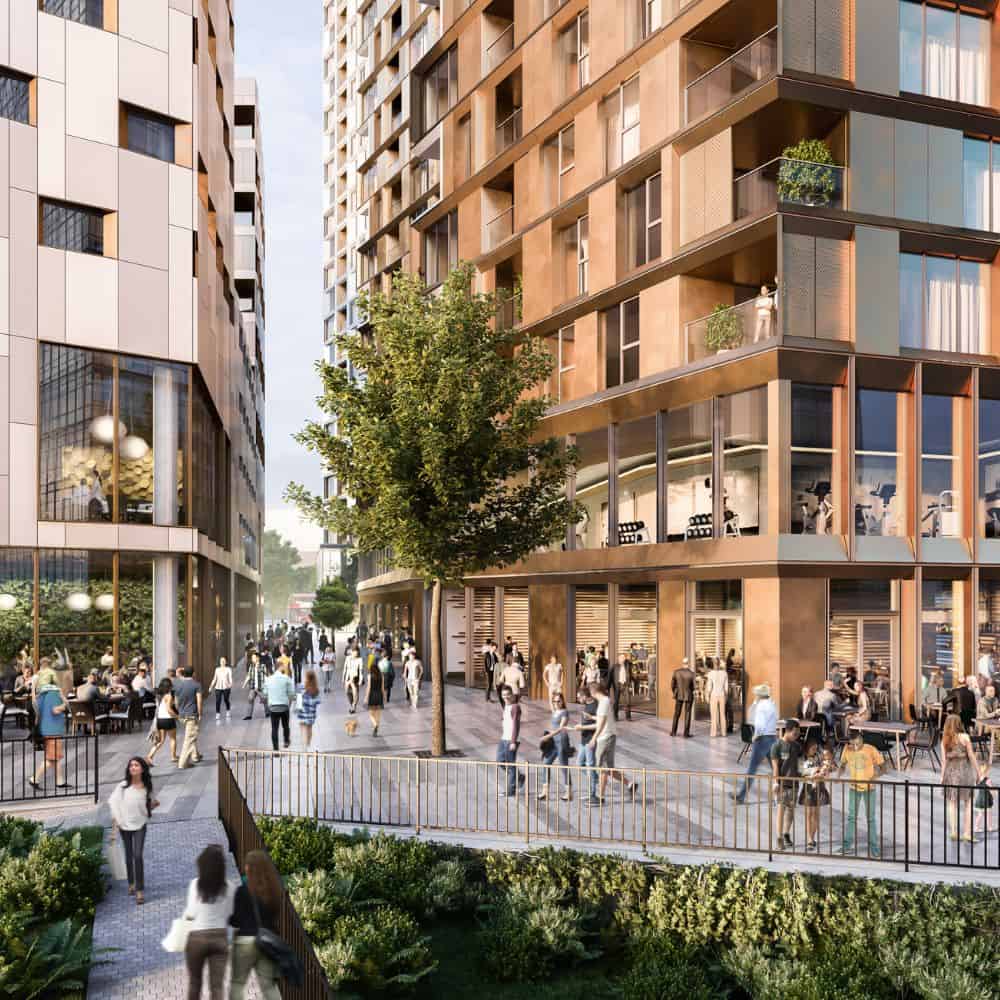 CGI of the new Get Living Lewisham neighbourhood bustling with people