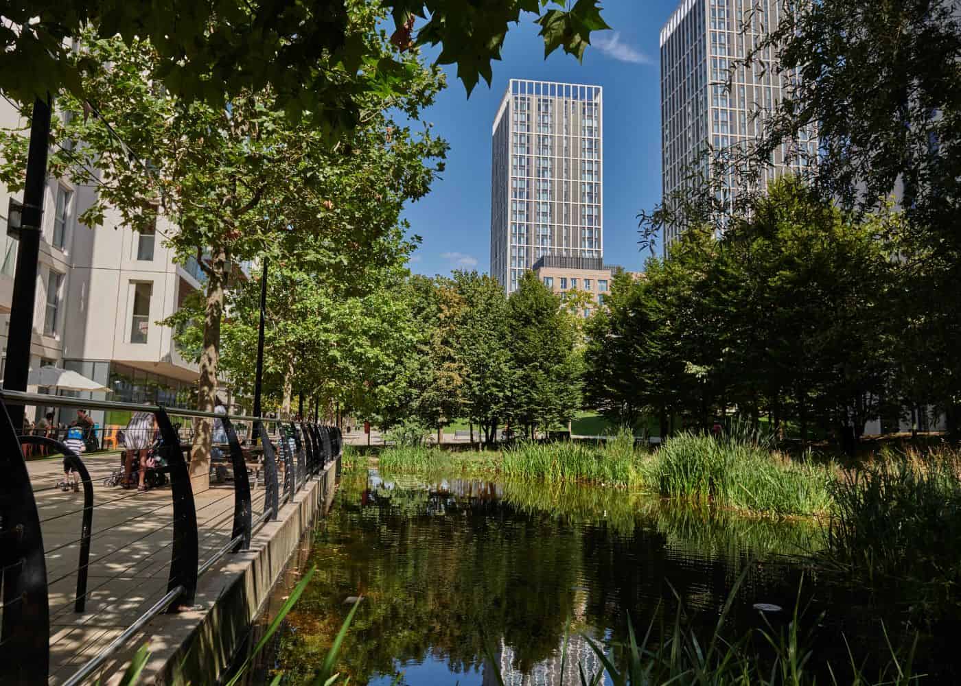 View of Victory Plaza buildings through the trees from the Portland pond in East Village